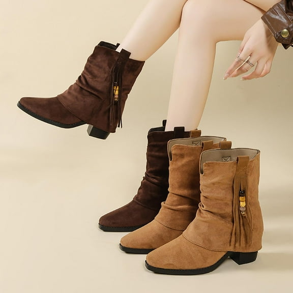 Fall Boots Women's Casual Versatile Solid Color Low Chunky Heelsd Fall Winter Comfortable Mid-Calf Boots Women Winter Shoes