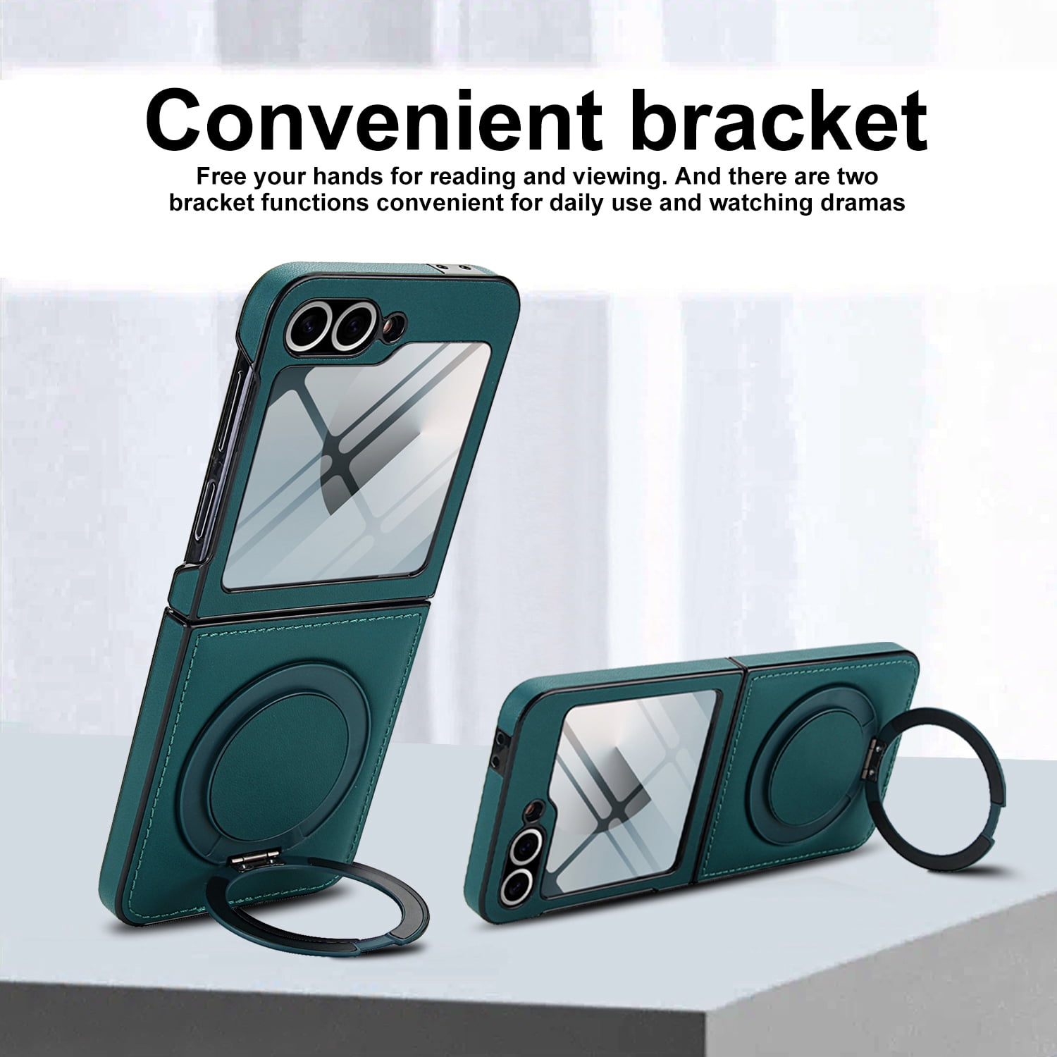 Compatible with Samsung Galaxy Z Flip 7 Phone Case,Built-in Screen Protector,360° Rotatable Ring Kickstand,Compatible with Mag-Safe,Anti-Scratch Leather Shockproof Rugged Phone Case,Green