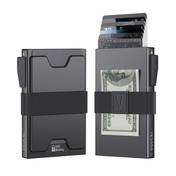 Slim Alu Card Holder for Men, Durable Expandable Backplate, RFID Blocking Minimalist Metal Pop Up Wallet, Holds 12  Cards & Cash