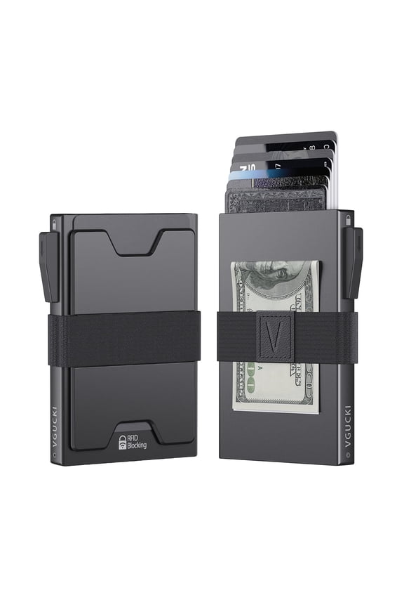Slim Alu Card Holder for Men, Durable Expandable Backplate, RFID Blocking Minimalist Metal Pop Up Wallet, Holds 12+ Cards & Cash