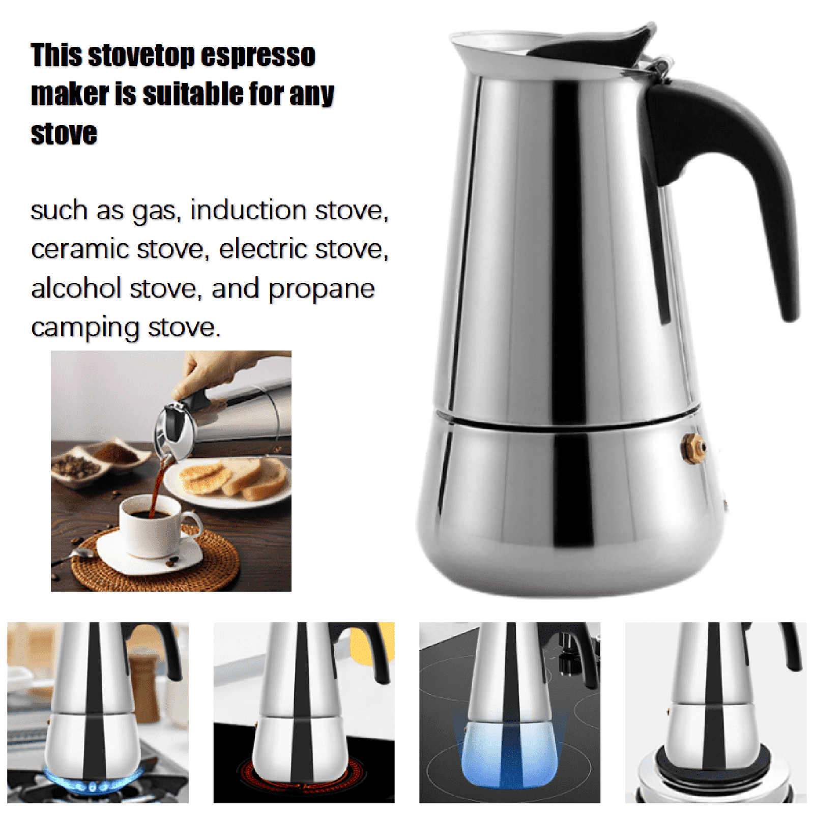 Adzgya Glass&Bottle Stainless Steel Stovetop Coffee Maker Pot For Induction Electric Ceramic Stove