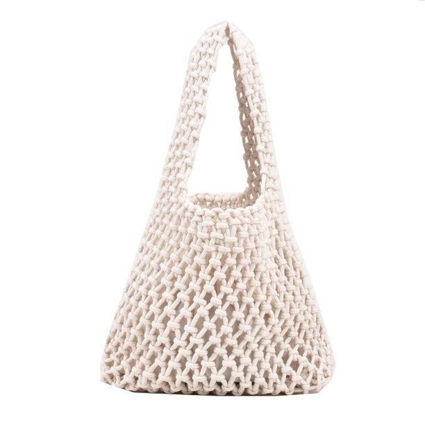 Bolso de mano trenzado para mujer cesta tejida de lino y algodón bolso de compras de red color blanco