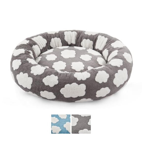 Donut Dog Bed Medium, Calming Round Pet Bed for Dogs and Cats, Washable Jacquard Plush Cover with Non-Slip Bottom, Indoor Cat Bed, Gray, 20"x20"x6"