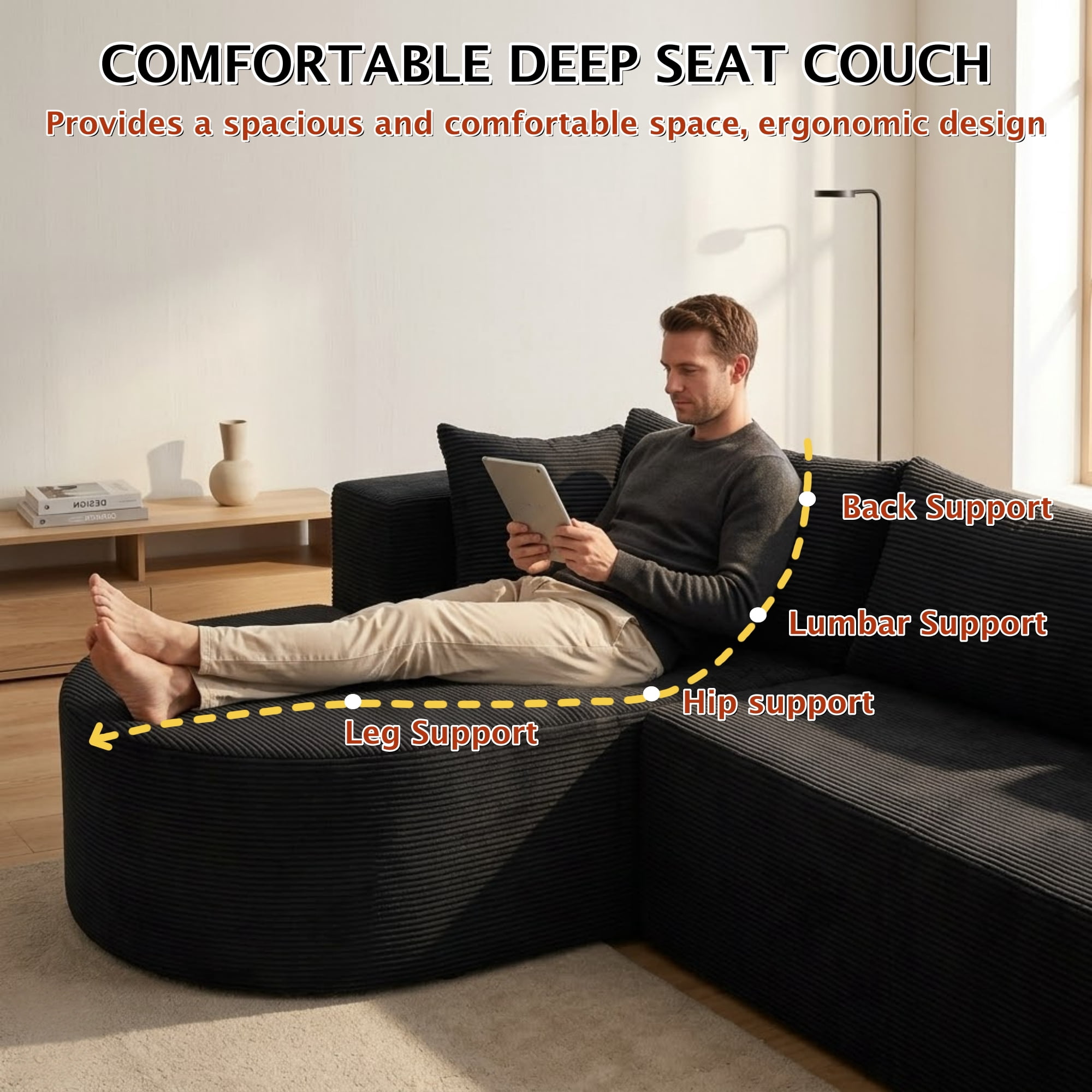 ShiKeyi 105" Modular L-Shaped Cloud Sofa, 3-Seater Corduroy Sectional Couch with Deep Seats Chaise, Soft Boneless Design for Living Room, Black (Right)