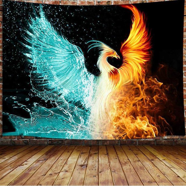 95x73cm Tapiz pequeño de Fénix de fantasía, Tapiz de anime de animales de Fénix en ascenso de agua, hielo y fuego para colgar en la pared para dormitorio, Tapiz estético para hombres B