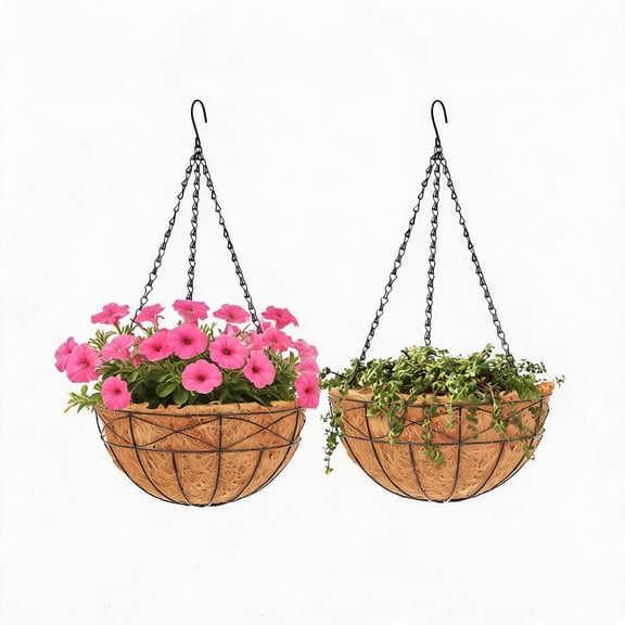 GOCAPTAIN 2-Pack 12 Inch Hanging Planter Basket Metal Hanging Basket – Sturdy Round Flower Pot with Coco Liner, Chain Hanging for Indoor Outdoor Use – for Porch, Balcony, Garden, Patio