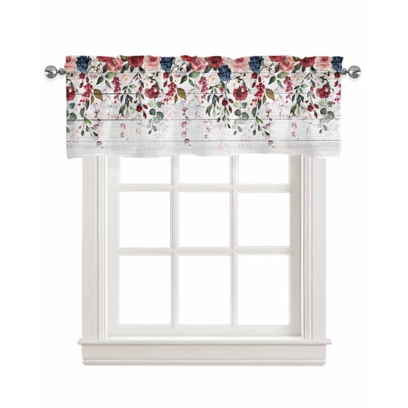 Valentine's Rose Linen Curtain Valance for Bedroom/Bathroom/Kitchen/Office/Living/Dining Room Windows, Retro Blue Pink Flower Woodgrain Rod Pocket Topper Decorative Cafe Drapes Panel 42"x18"