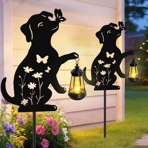 Luces solares yulloyello Metal Dog, paquete de 2 unidades, para jardín y exterior