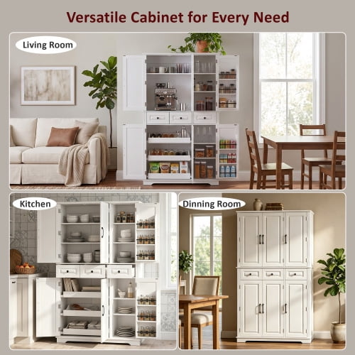 72" Tall Farmhouse Kitchen Pantry Cabinet with 3 Pull-Out Trays & 6 Door Racks, White