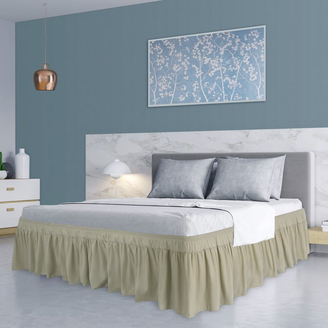 PiccoCasa Polyester Brushed Bed Skirt with Elastic Dust Ruffles 16" Drop, Queen Khaki