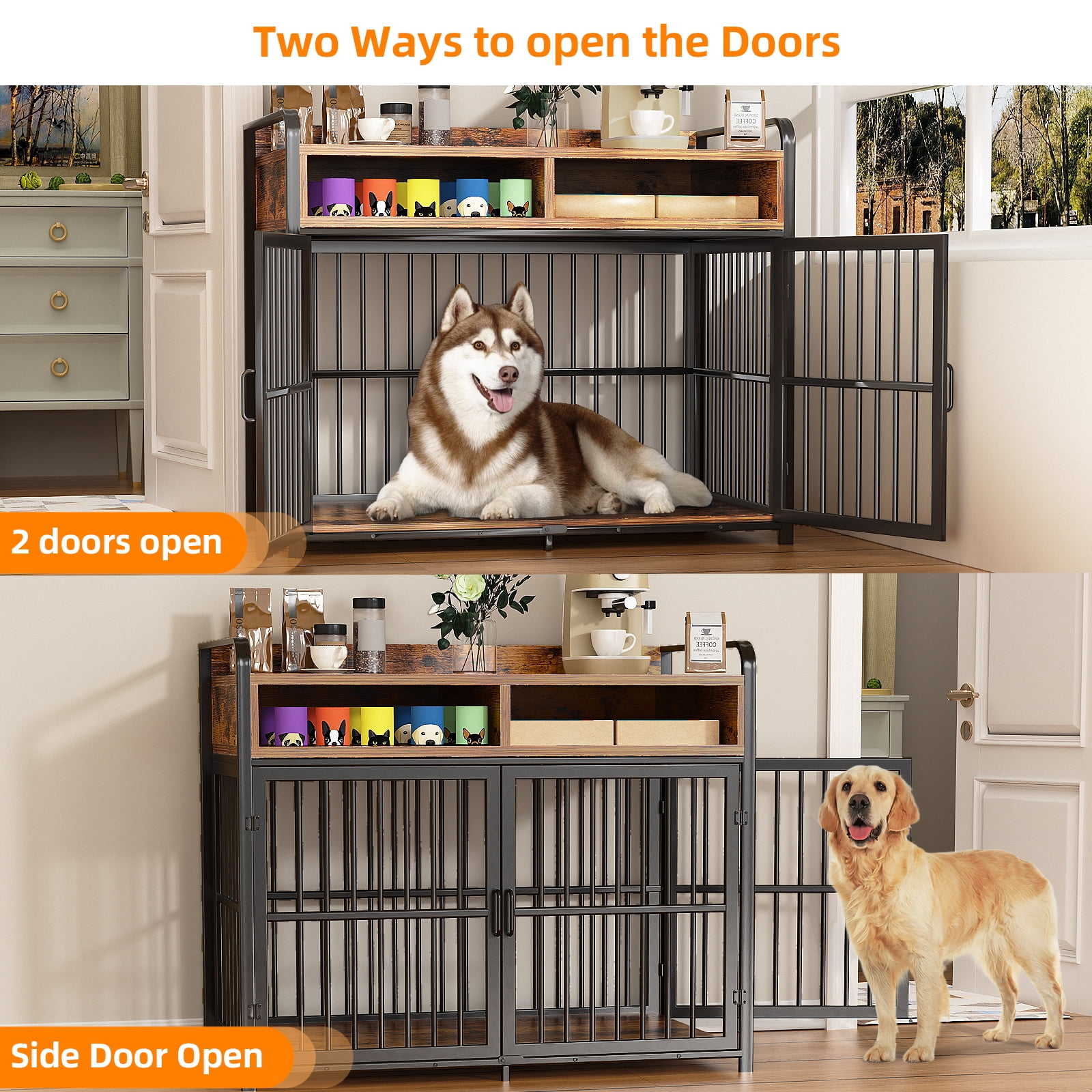 ModFurne Large Dog Crate Furniture with Drawers Storage, Puppy Dog Kennel Indoor with Double Doors, Brown