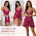 thumbnail image 5 of DAKIMOE Sexy Lingerie for Women Pajamas Set Open Front V Neck Ruffle Sheer Mesh Lace Wireless Babydoll Lingerie Dress with Thong 2 Piece for Valentine's Day, 5 of 10