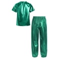thumbnail image 6 of iiniim Girls Boys Hip Hop Jazz Dance Outfit Metallic Sparkly 2 Piece Short Sleeve T-Shirt and Shiny Pants Set Green 170, 6 of 7