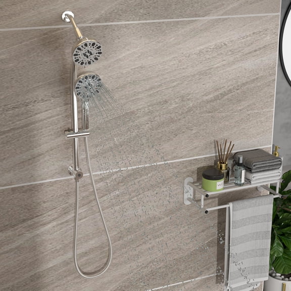 Dual Shower Head System with 4.7 Inch Rain Showerhead, 7-Function Handheld Sprayer, Adjustable Slide Bar, Stainless Steel Hose and Diverter Valve, Chrome Finish, Wall Mounted for Bathroom