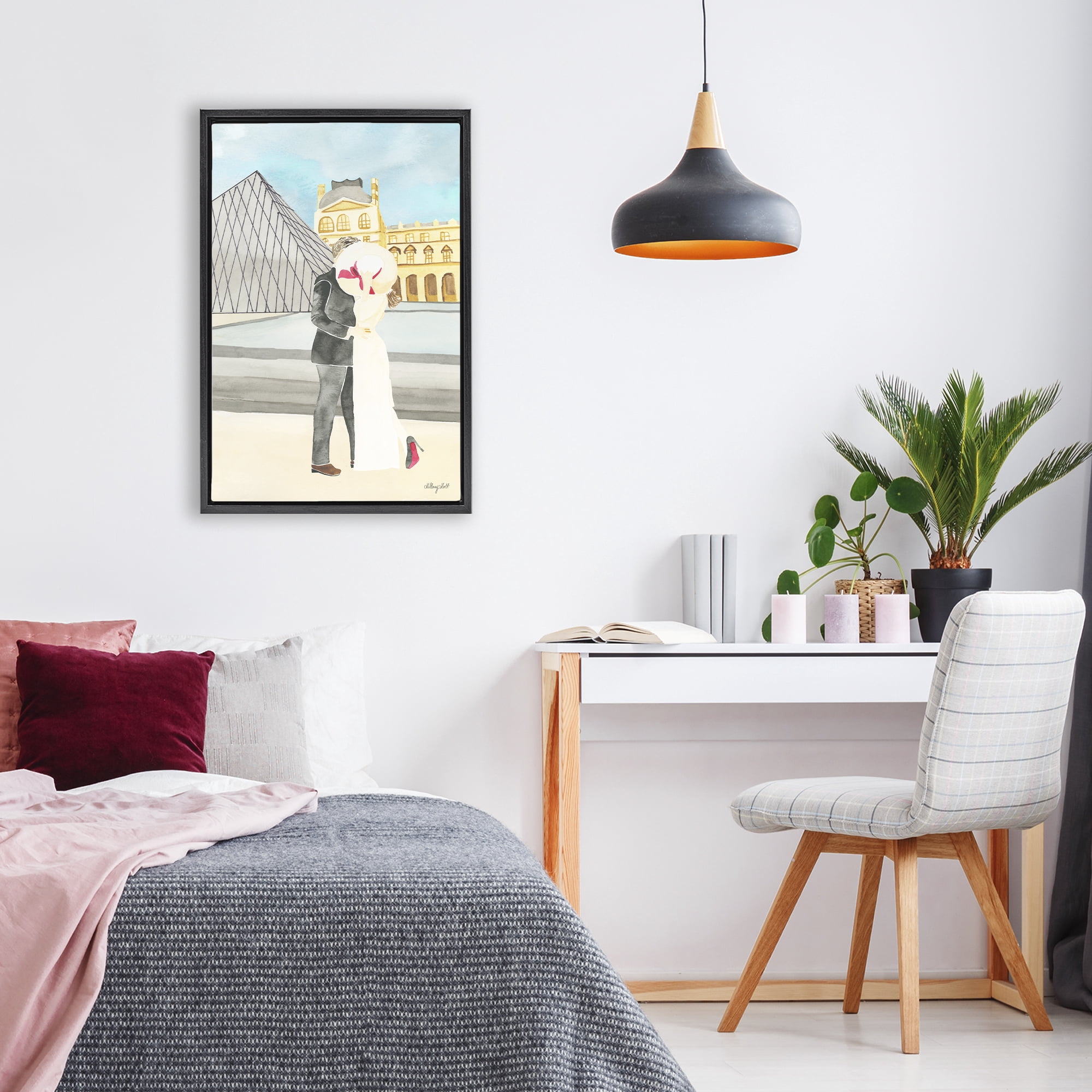 Stupell Industries Couple Embrace At The Louvre Black Framed Floater Canvas Wall Art, design by Hillary Holt