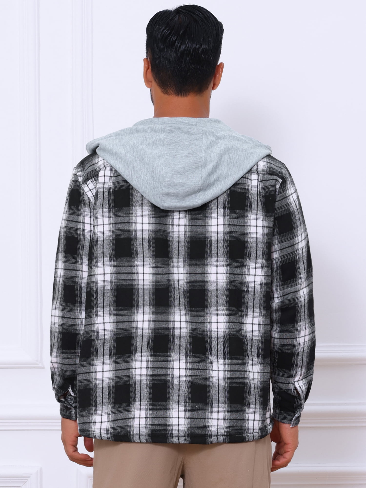 DARING DIVA Men's Fleece Lining Drawstring Hooded Plaid Shirt Jacket XL Black White