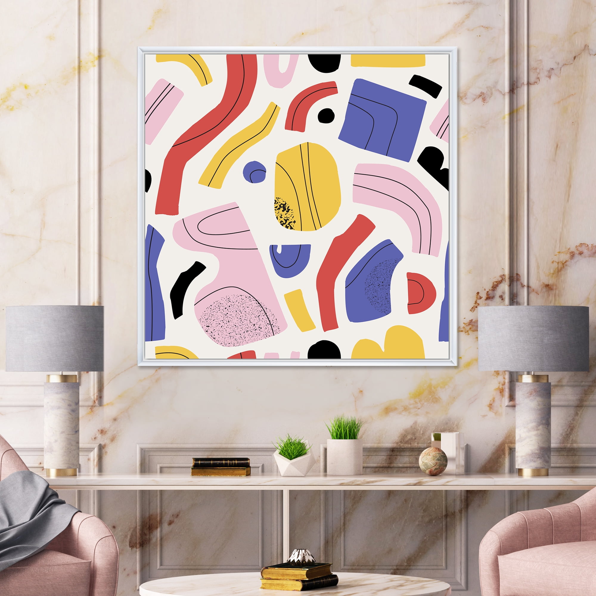 Designart 'Organic and Elements In Pink Yellow and Red' Modern Framed Canvas Wall Art Print