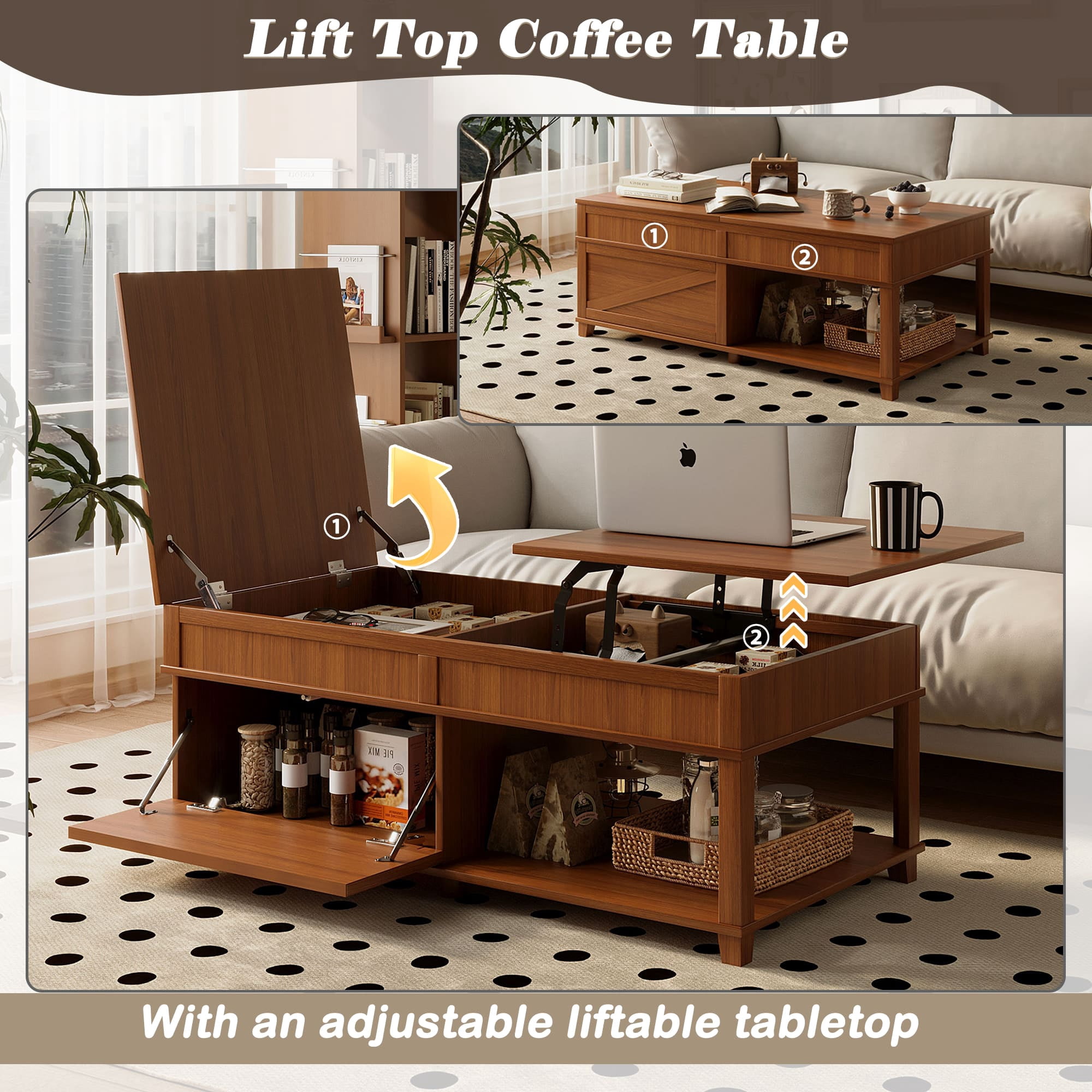 Homy Casa 46.9 in Dual Lift Top Coffee Table with Hidden Storage for Living Room Walnut Brown