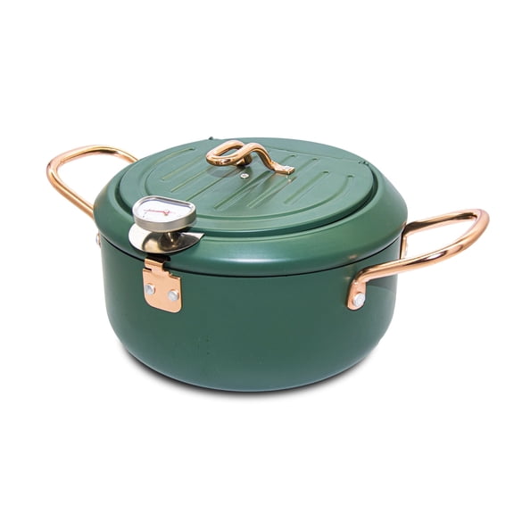 CYRDER Japanese Tempura Deep Fryer Pot with Fahrenheit Thermometer 3.5L- Nonstick Carbon Steel Oil Fryer, Fried Tempura/Chicken/Fish/Shrimp, Easy Clean, Green Big Tempura Pan, 10.2inch