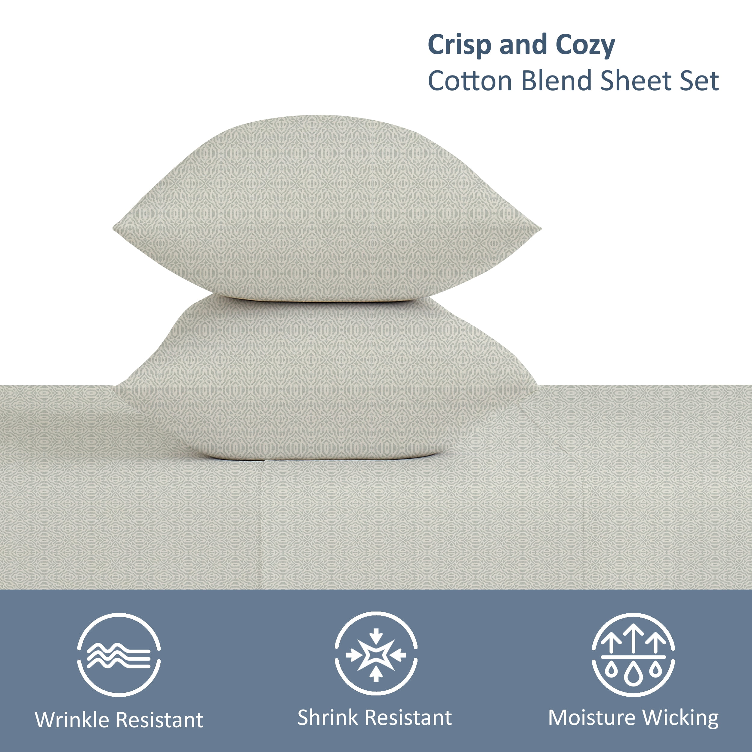 Mainstays 3-Piece 300 Thread Count Green Geo Cotton Blend Bed Sheet Set, Twin XL