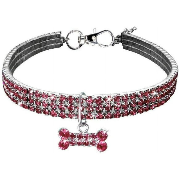 Collier pour animaux de compagnie, élastique, strass, strass, pour petits chiens (25 * 5cm)-Rose