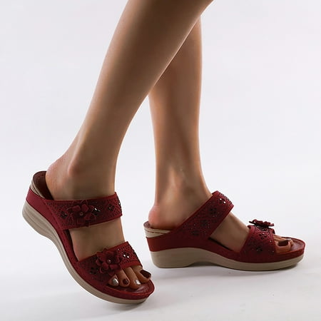 

Fidelma Women s Wedges Ladies Summer Put On Wedge Heel Beach Open Toe Breathable Sandals Flower Shoes Red 37