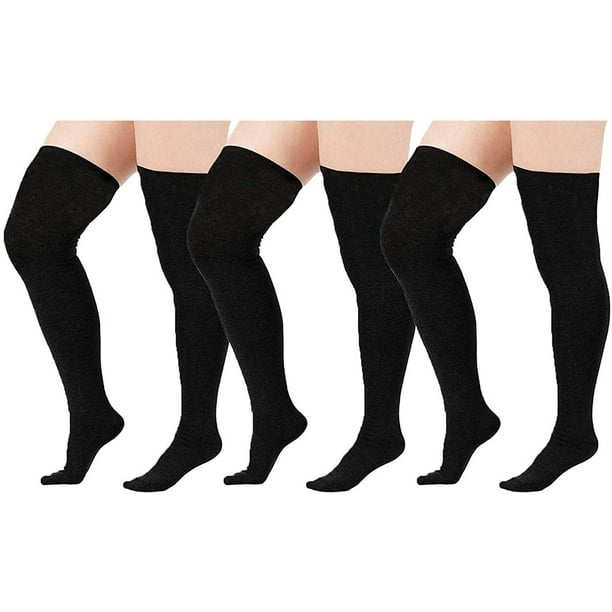 3 Pairs Plus Size Opaque Thigh High Socks-Black+White+Beige