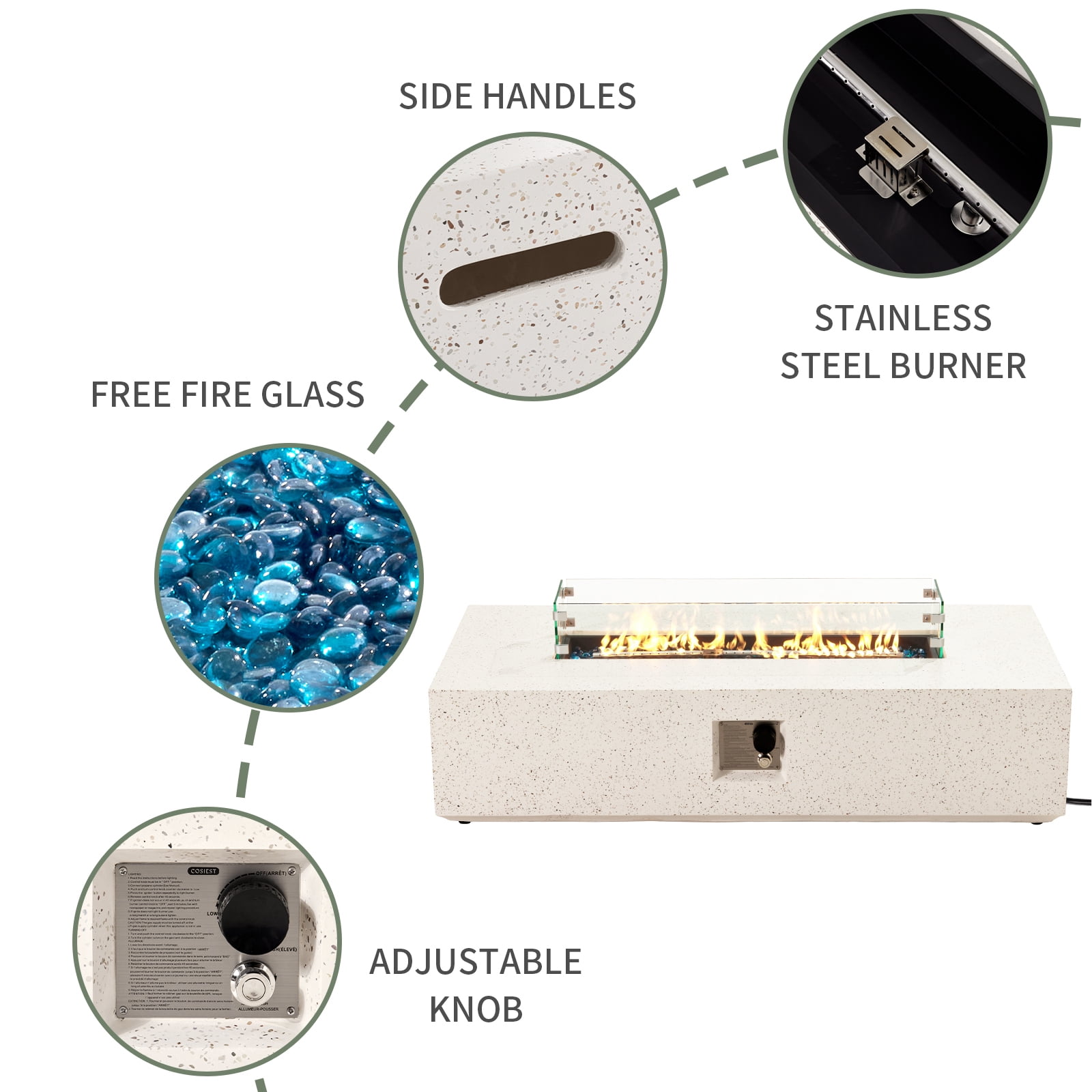 VENTOPYR Outdoor Propane Fire Pit Table, 56-inch x 28-inch Rectangle Terrazzo White Concrete-Like Finish, 50,000 BTU Stainless Steel Burner w Blue Fire Glass, Wind Guard, Raincover