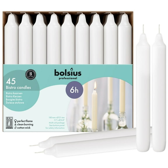 Bolsius white taper candles unscented 7" burns for 6 hours pack of 45