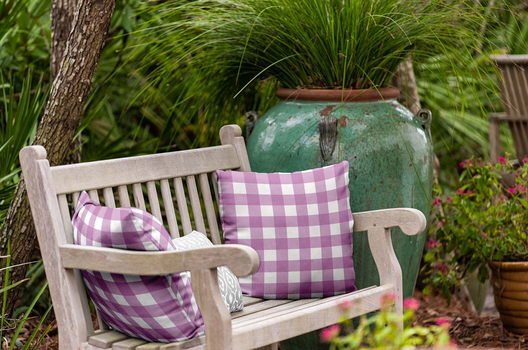 18" x 18" Simply Daisy Gingham Plaid Polyester Indoor/Outdoor Pillow, Orchid Qty 1