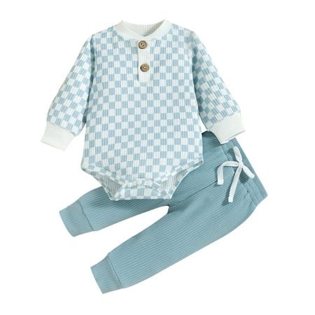 

Bagilaanoe 2pcs Newborn Baby Boy Girl Long Pants Set Checkerboard Print Long Sleeve Romper Tops + Tie-Up Trousers 3M 6M 12M 18M 24M Infant Fall Long Pants Set