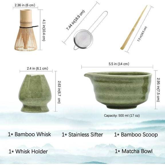 Japanese Matcha Set, Matcha Bowl with Spout, Matcha Whisk and Holder, Bamboo Matcha Scoop and Stainless Steel Sifter - 5 Pcs Gradient Green Matcha Kit for Matcha Lover