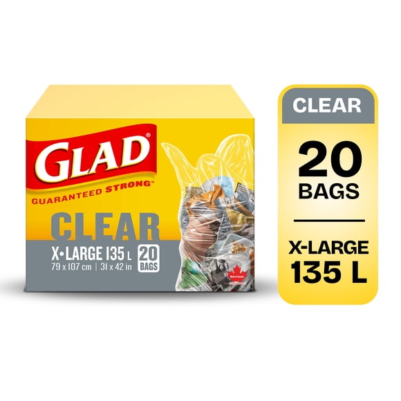 Sacs à ordures transparents de Glad, boîte de 20 très grands sacs à ordures