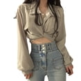 thumbnail image 2 of Camisa con nudo torcido, Top con lazo en la espalda, manga larga, blusa corta con parte delantera torcida para mujer, primavera, 2 of 8