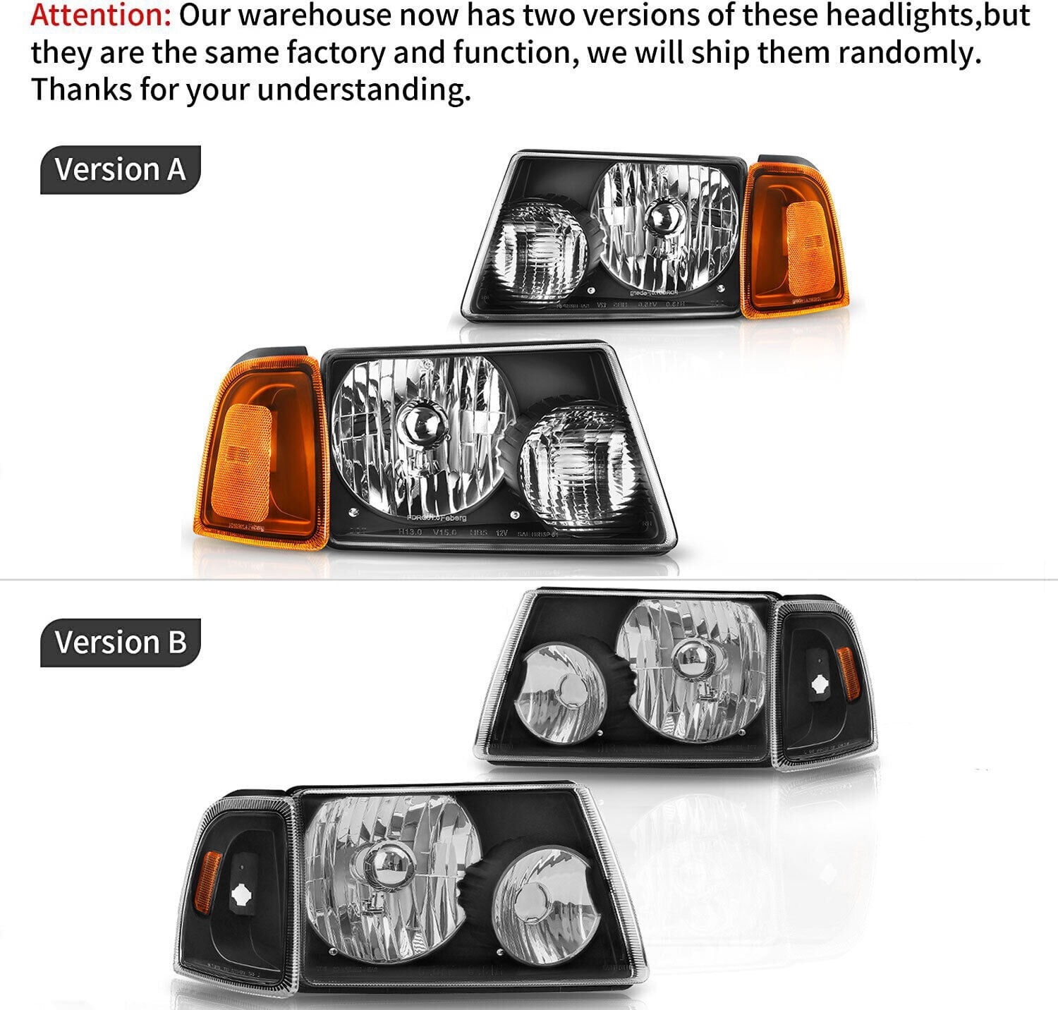 RVNI Front Black Headlights + Amber Corner Turn Signal For 01-11 Ford Ranger Headlamp