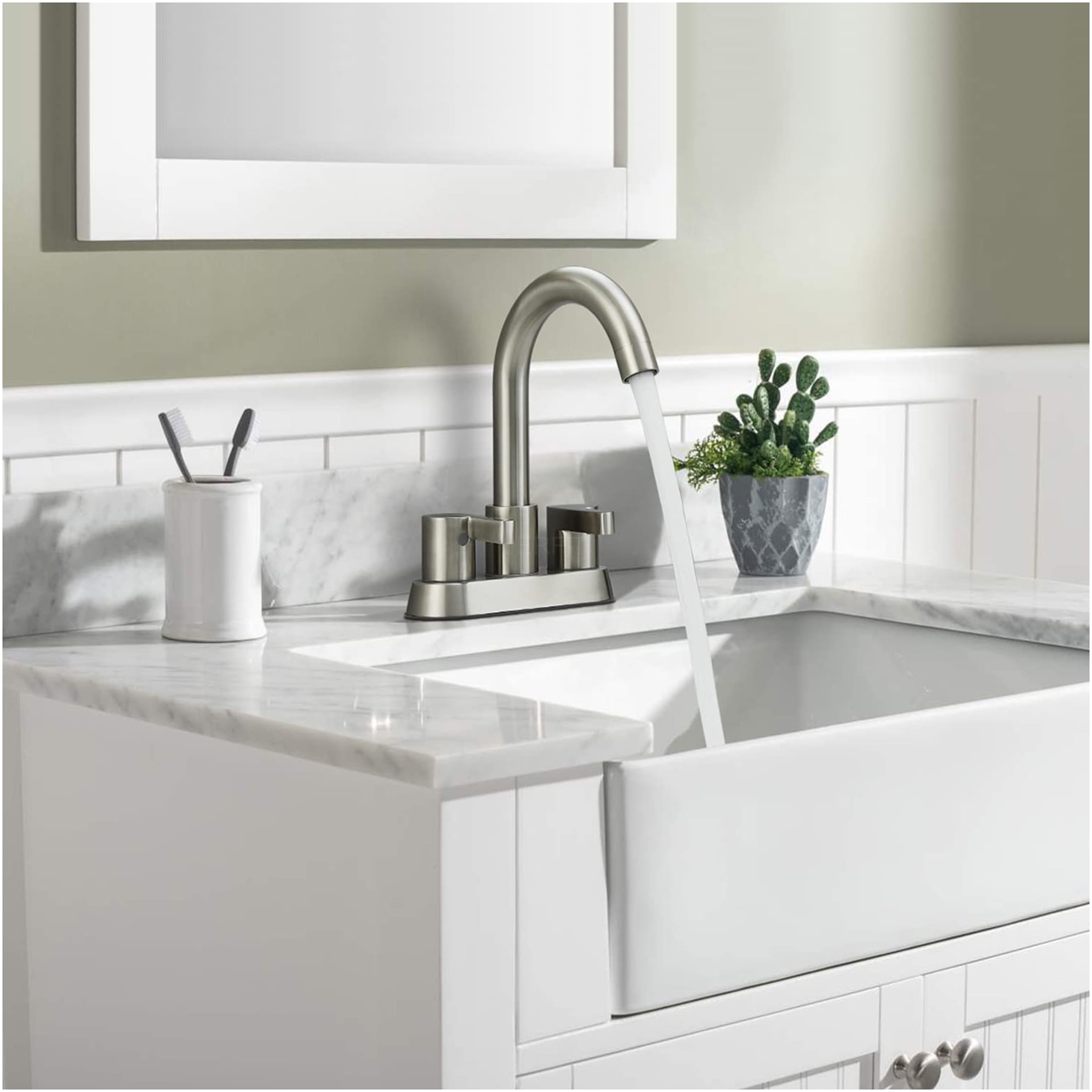 JERFIT 4-inch Centerset Bathroom Sink Faucet with Drain, 2-Handle Brushed Nickel Vanity Faucet, High-Arc 360° Swivel Spout for Bathroom Sink