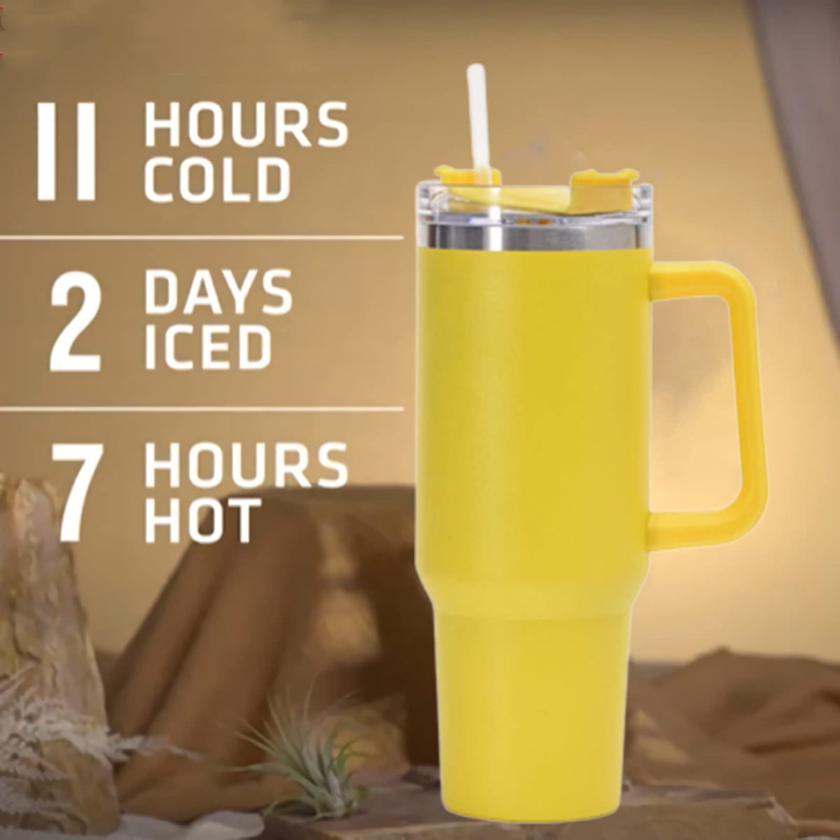 ONTNO 40 OZ Tumbler Insulated Water Bottle with Straw Flip Straw Tumbler Travel Mug Cup with Handle for Women&Men-Yellow
