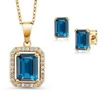 Gem Stone King 18K Yellow Gold Plated Silver London Blue Topaz Pendant and Earrings Jewelry Set for Women (4.39 Cttw, Emerald Cut 9X7MM and 6X4MM, Gemstone November Birthstone, with 18 inch Chain)