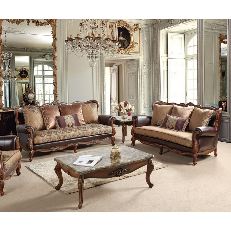Cherry finish Wood Pattern Fabric Sofa Set 2Pc Traditional Cosmos Furniture Anne