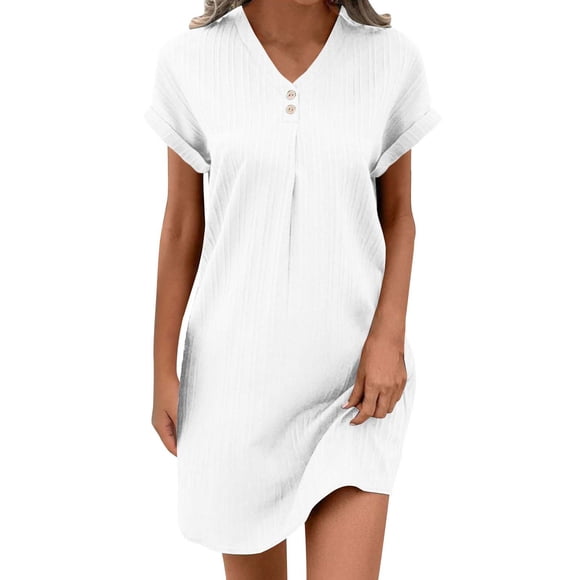 hotojiny Cotton Linen Dresses for Women 2025 Loose Button V Neck Casual T Shirt Dress Solid Rolled Short Sleeve Beach Mini Dresses