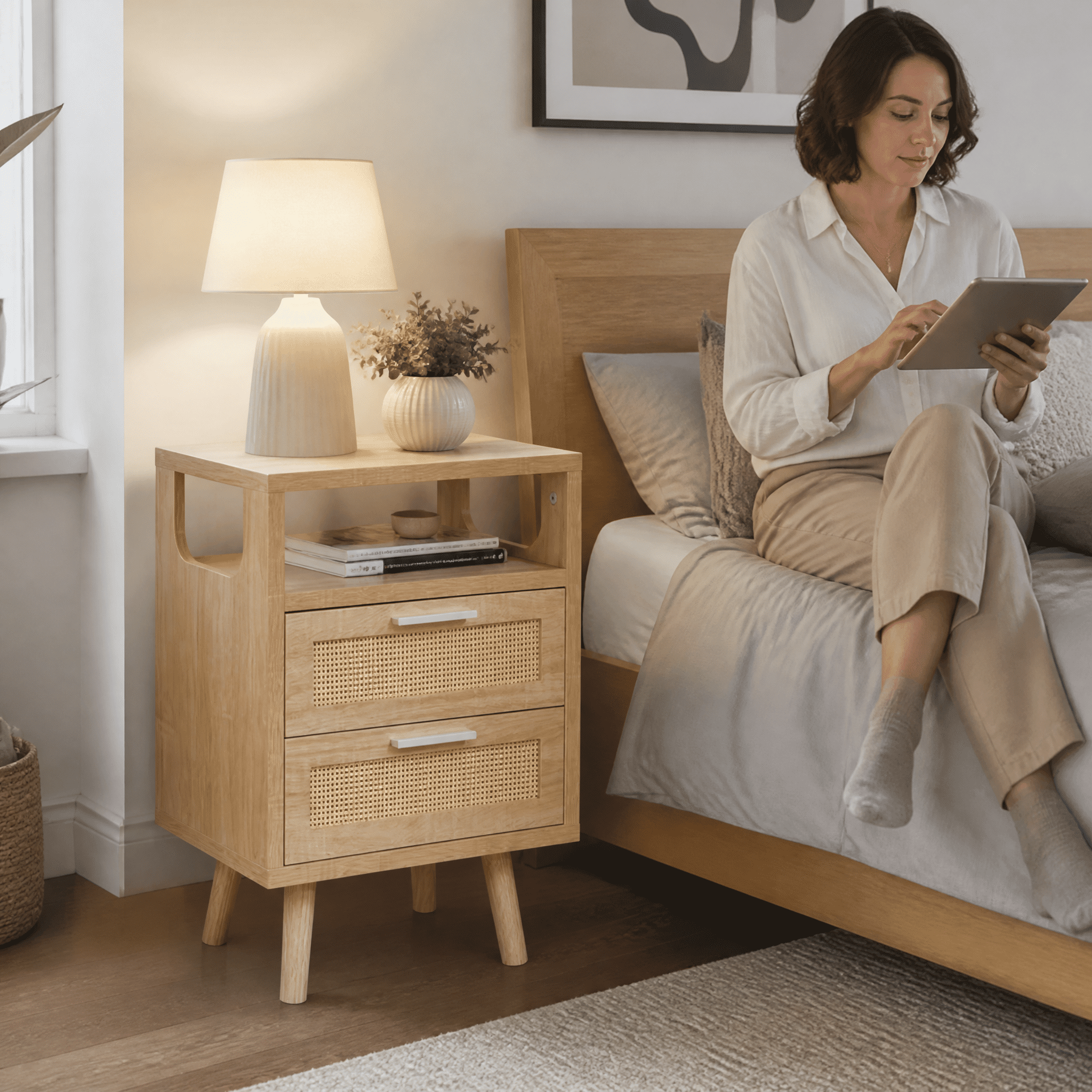 Set of 2 Modern Natural Wood Nightstands with 2 Drawers Each, Rattan Design Bedside End Tables with Black Gold Handles, P2 HDF Storage Nightstand for Bedroom Guest Room