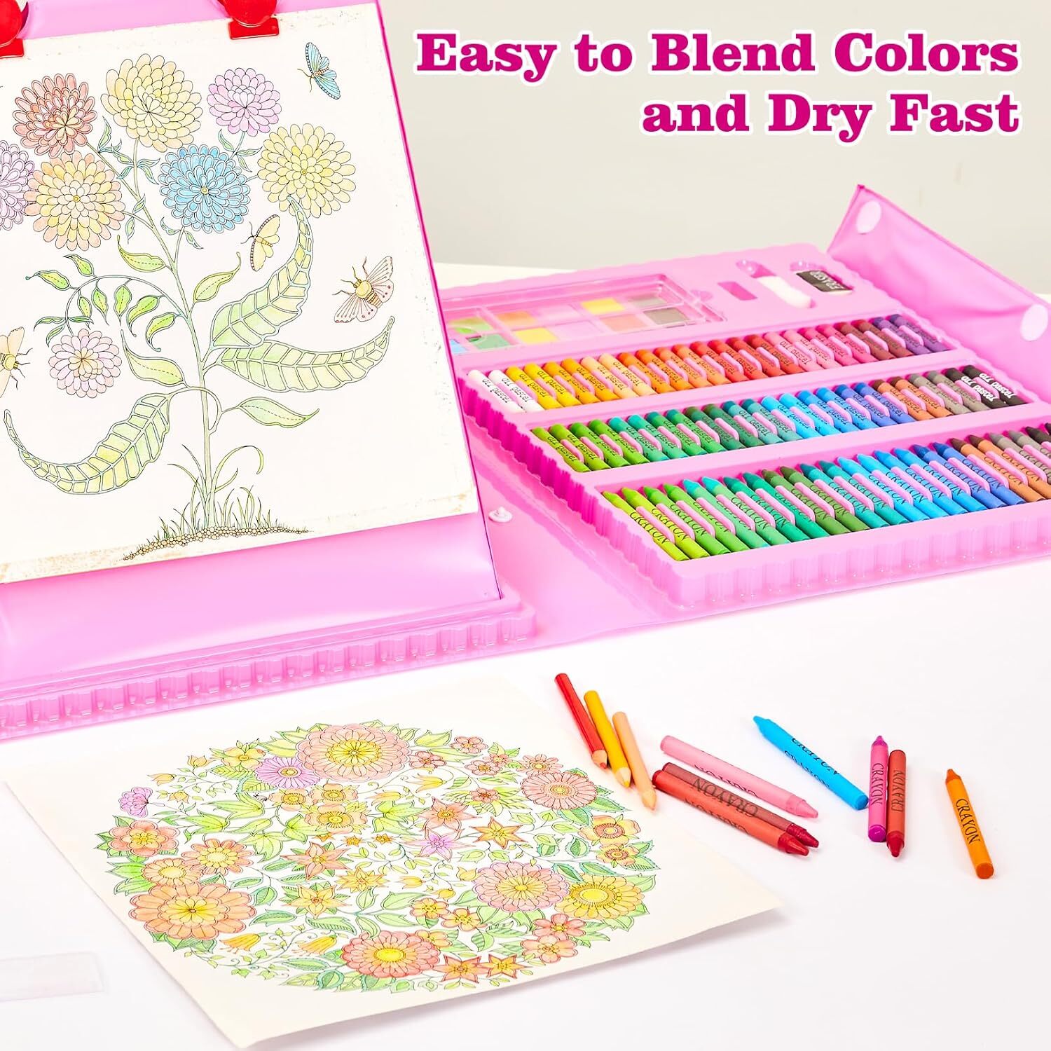 Art Supplies, 208-Piece Drawing Art Kit, Gifts for Girls Boys Teens, Art Set Crafts Case with Double Sided Trifold Easel, Includes Watercolor Pens, Oil Pastels, Crayons, Colored Pencils (Pink)