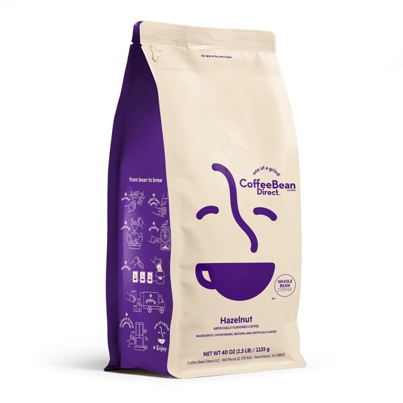 Coffee Bean Direct Hazelnut Flavored, Whole Bean Coffee, Light Roast, 2.5 lb Bag