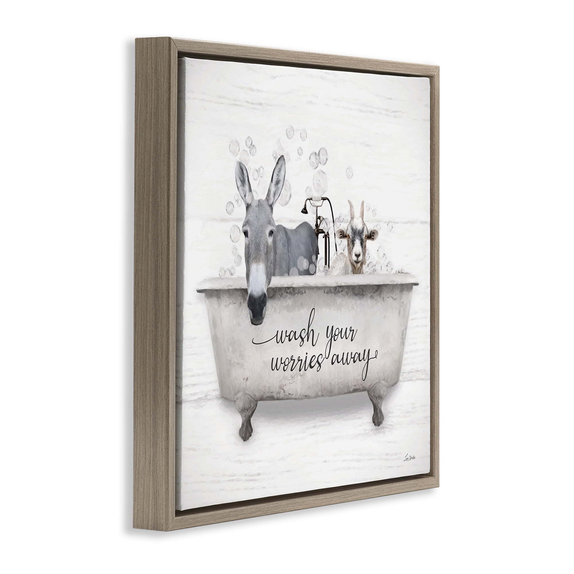 Stupell Industries Wash Worries Away Tub Typography Painting Brown Floater Framed Canvas Art Print Wall Art, 18 x 18