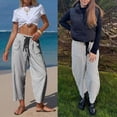 thumbnail image 5 of Women's Summer Casual Pants Striped Washed Cotton High Waist Drawstring Loose Fit Cropped Trousers with Pockets for Vacation, 5 of 8