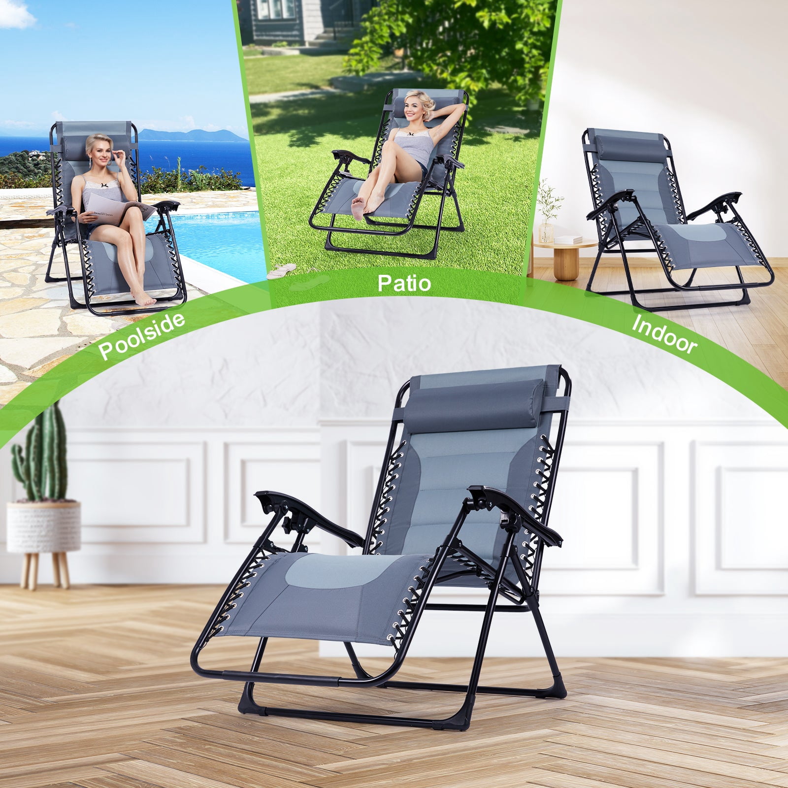 Backyard Expressions Deluxe XL Padded Recliner Zero Gravity Chair – Ergonomic Anti Gravity Lounger with Folding Design, Side Tray, and Adjustable Headrest