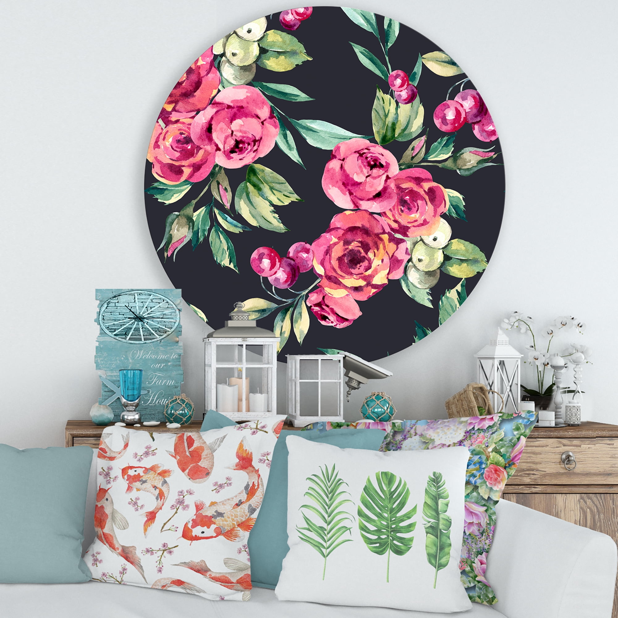Designart 'Red VIntage Roses and Berries On Black Background' Farmhouse Circle Metal Wall Art 36x36 - Disc of 36