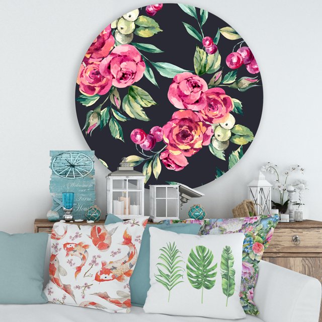 Designart - Red VIntage Roses and Berries On Black - Farmhouse Metal Circle Wall Art