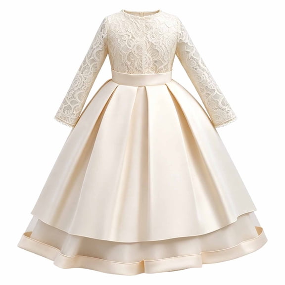 WEIGFI Toddler Kid Girls Dress Performance Ball Gown Formal Dressy Solid Color Long Sleeves Crew Neck Princess Lace Tiered Wedding Graduation Elegant Cute Photo Sundress,Beige,4-5 Years