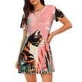 thumbnail image 1 of Balery Colorful Cat With Flowers Camisón de manga corta con cuello redondo para mujer, cómodo y elegante., 1 of 6
